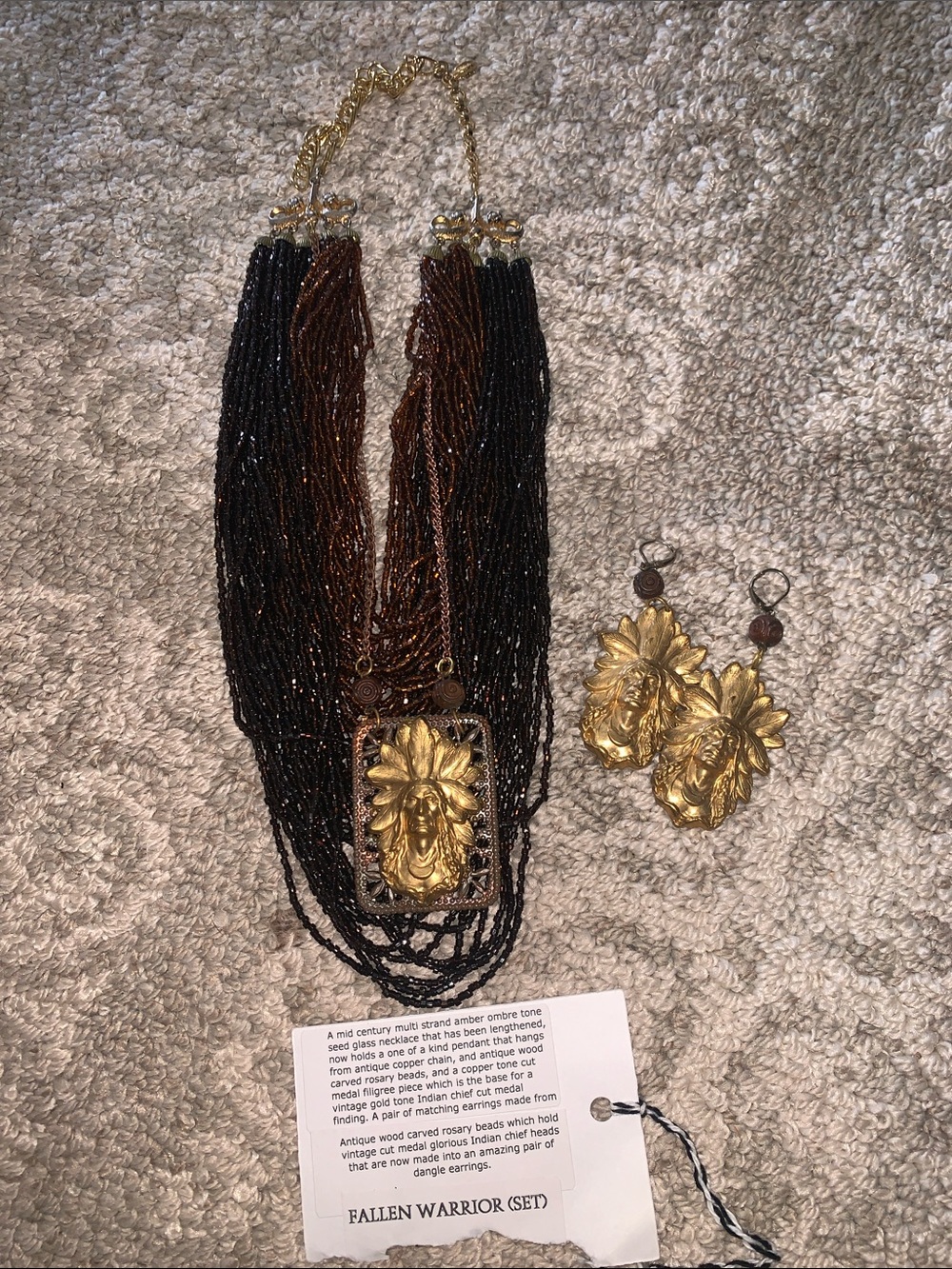 Fallen Warrior Multi-Strand Beaded Necklace and Earrings Set in Black and Brown